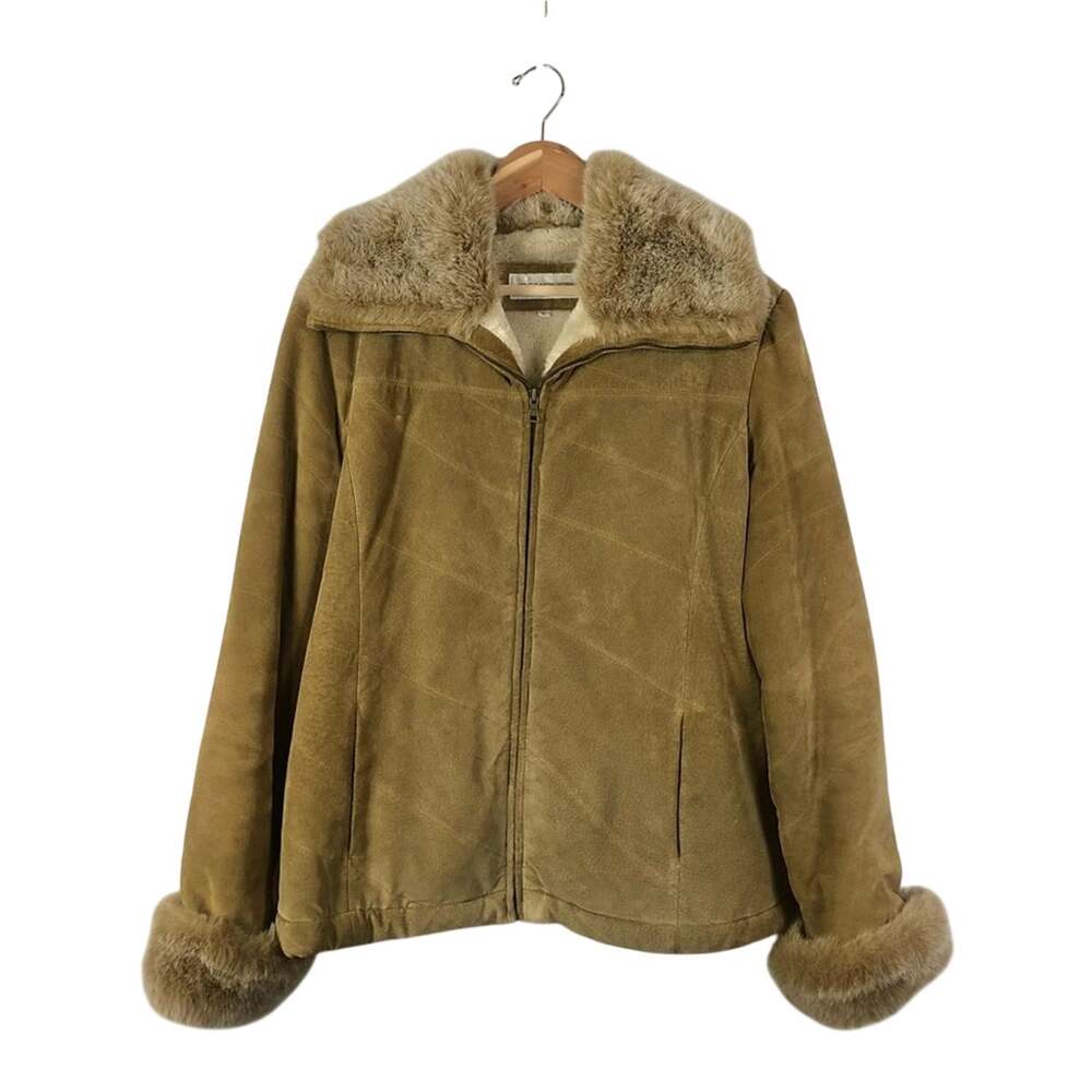 Vintage Y2K Suede Penny Lane Coat Size Large Leather Faux Fur Tan Cream Crop